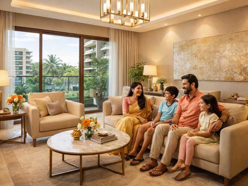 Luxury apartment interior in Thrissur with a happy family enjoying a spacious, premium living room
