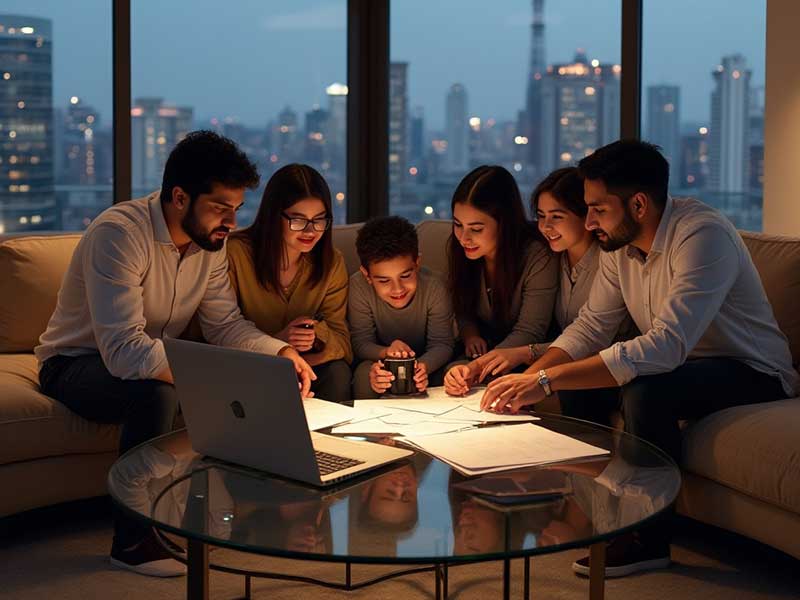 Indian family reviewing apartment investment documents in a modern Thrissur apartment, 2026 real estate planning