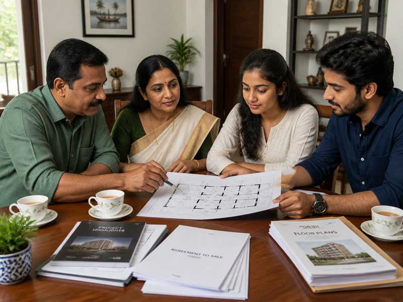 Kerala family reviewing apartment investment trends and market predictions in Thrissur 2026